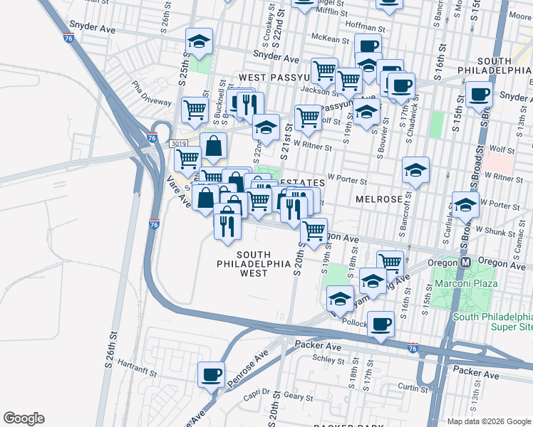 map of restaurants, bars, coffee shops, grocery stores, and more near in Philadelphia