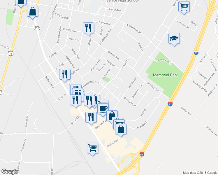 map of restaurants, bars, coffee shops, grocery stores, and more near 2 Brookline Court in Chambersburg