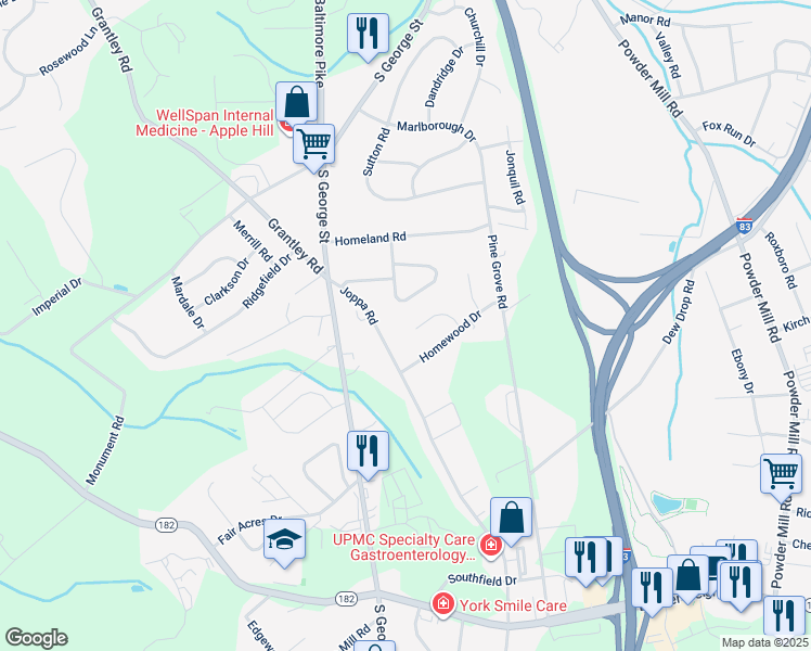 map of restaurants, bars, coffee shops, grocery stores, and more near 2402 Carllyn Drive in York