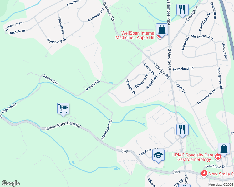 map of restaurants, bars, coffee shops, grocery stores, and more near 205 Ridgefield Drive in York