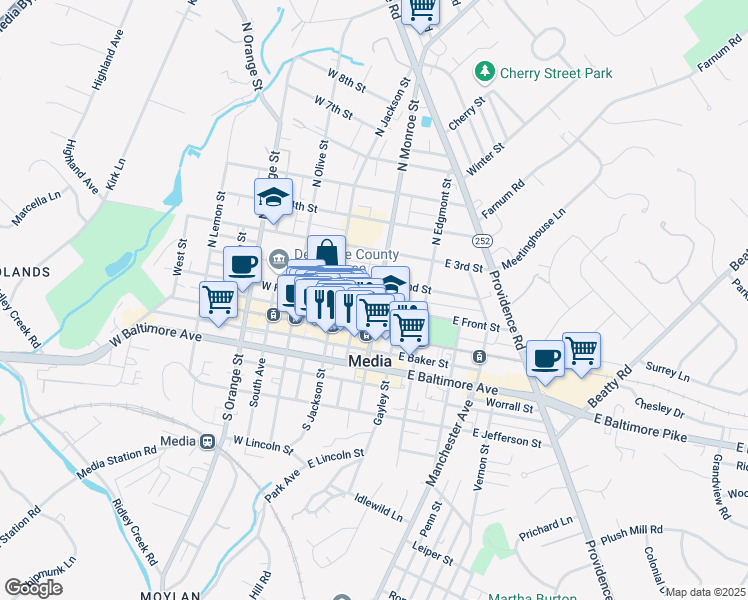 map of restaurants, bars, coffee shops, grocery stores, and more near 43 East Front Street in Media