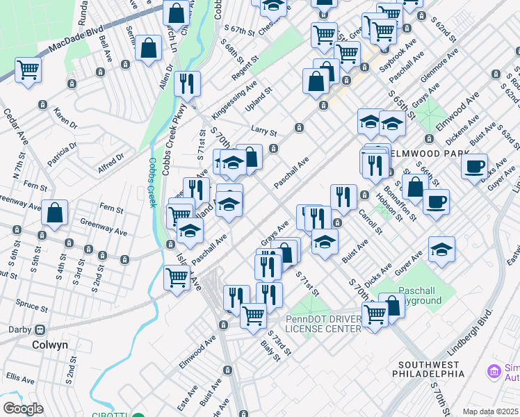 map of restaurants, bars, coffee shops, grocery stores, and more near 7026 Paschall Avenue in Philadelphia