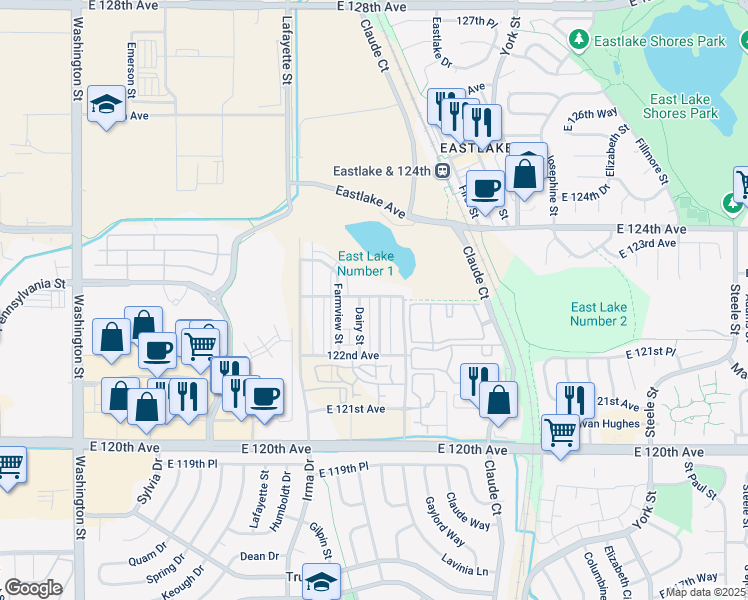 map of restaurants, bars, coffee shops, grocery stores, and more near 12265 Race St in Northglenn