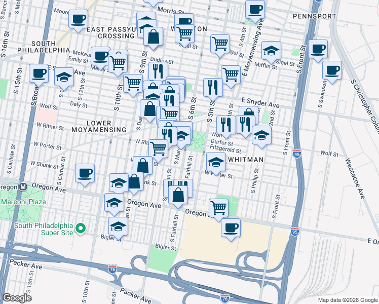 map of restaurants, bars, coffee shops, grocery stores, and more near 2400 South 6th Street in Philadelphia