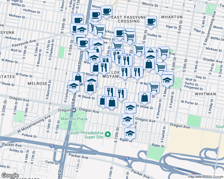 map of restaurants, bars, coffee shops, grocery stores, and more near 1032 West Moyamensing Avenue in Philadelphia