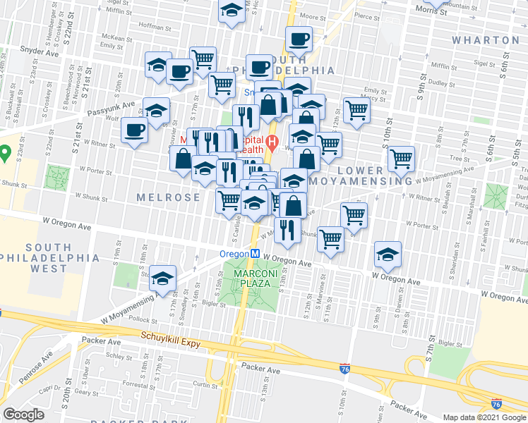 map of restaurants, bars, coffee shops, grocery stores, and more near 2407 South Broad Street in Philadelphia
