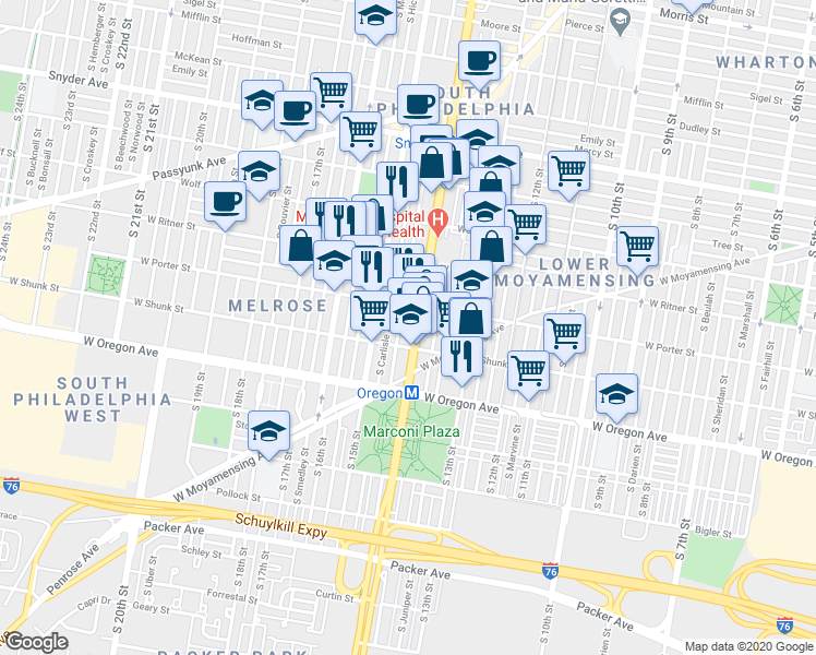 map of restaurants, bars, coffee shops, grocery stores, and more near 2407 South Broad Street in Philadelphia