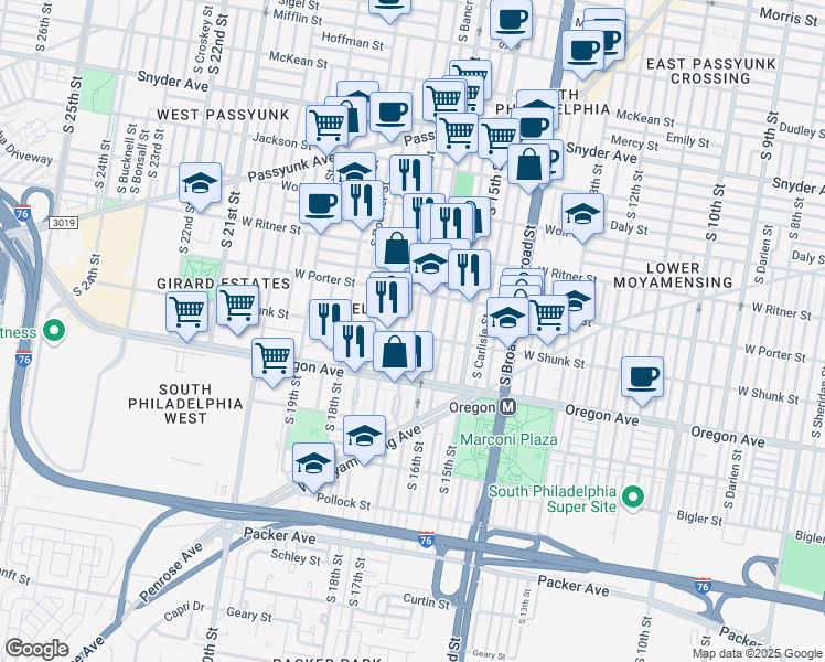 map of restaurants, bars, coffee shops, grocery stores, and more near 2519 South 17th Street in Philadelphia