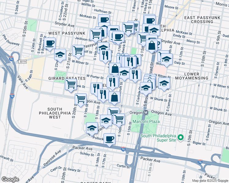 map of restaurants, bars, coffee shops, grocery stores, and more near 2519 South 17th Street in Philadelphia