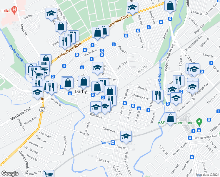 map of restaurants, bars, coffee shops, grocery stores, and more near 110 North 6th Street in Darby