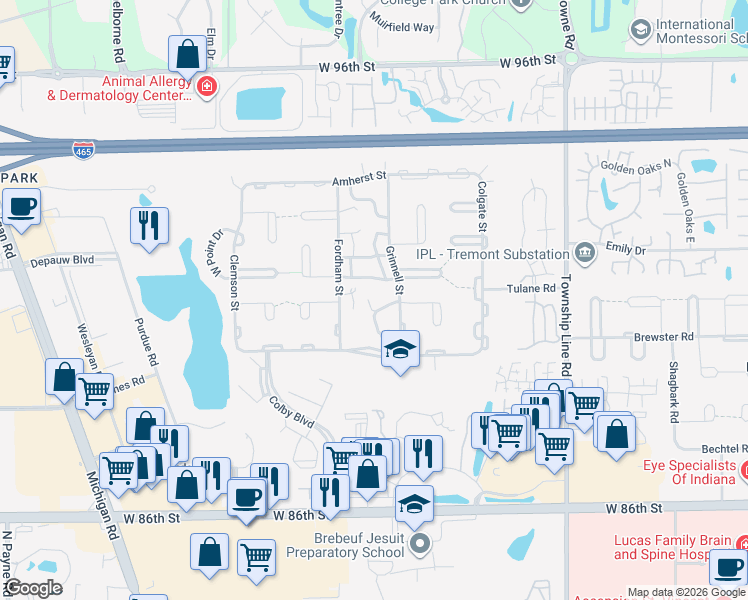 map of restaurants, bars, coffee shops, grocery stores, and more near 2825 Thornton Lane in Indianapolis