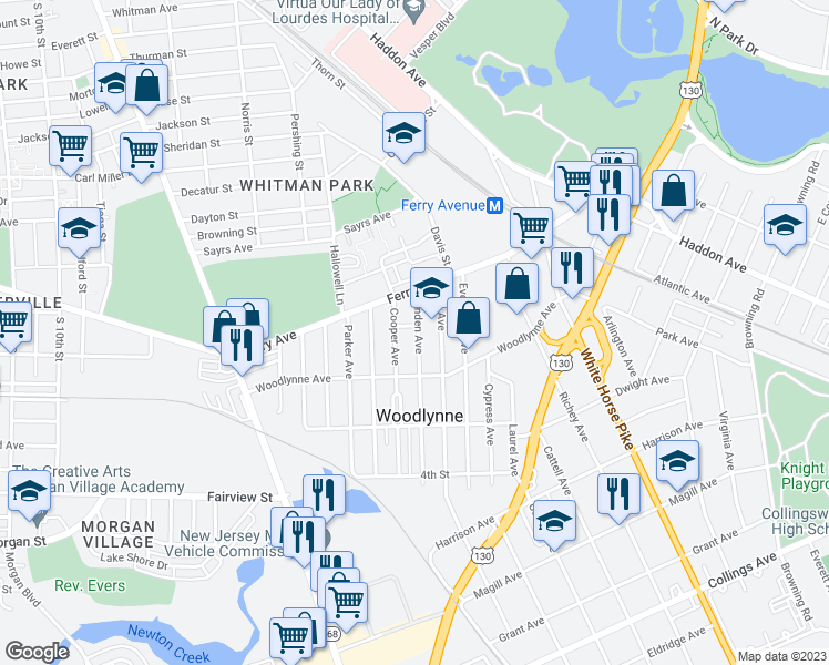 map of restaurants, bars, coffee shops, grocery stores, and more near 135 Linden Avenue in Woodlynne