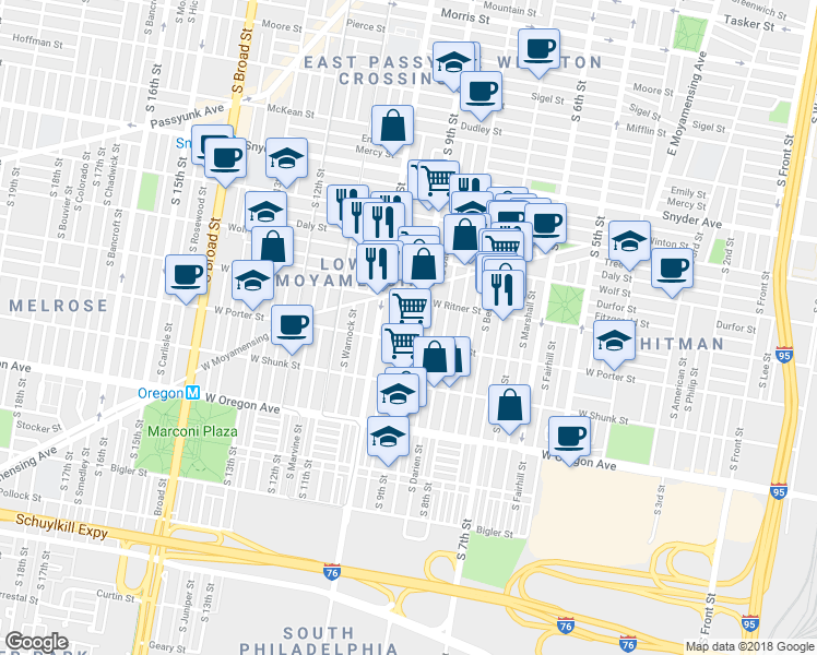 map of restaurants, bars, coffee shops, grocery stores, and more near 2437 South Percy Street in Philadelphia