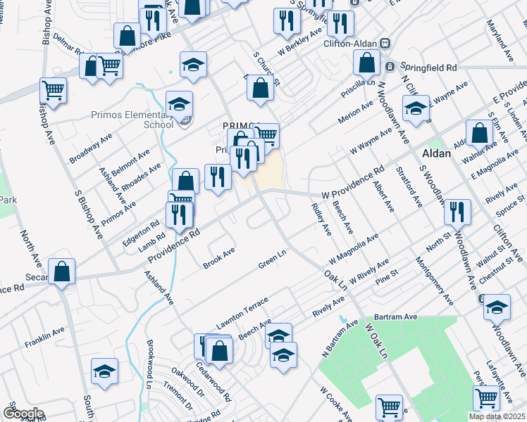 map of restaurants, bars, coffee shops, grocery stores, and more near 606 South Oak Avenue in Delaware County