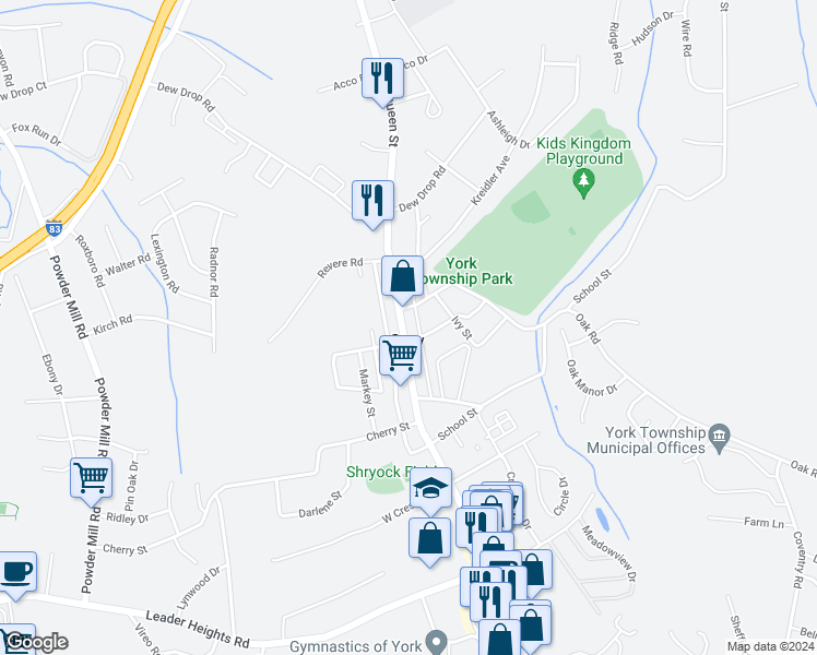 map of restaurants, bars, coffee shops, grocery stores, and more near 2373 South Queen Street in York