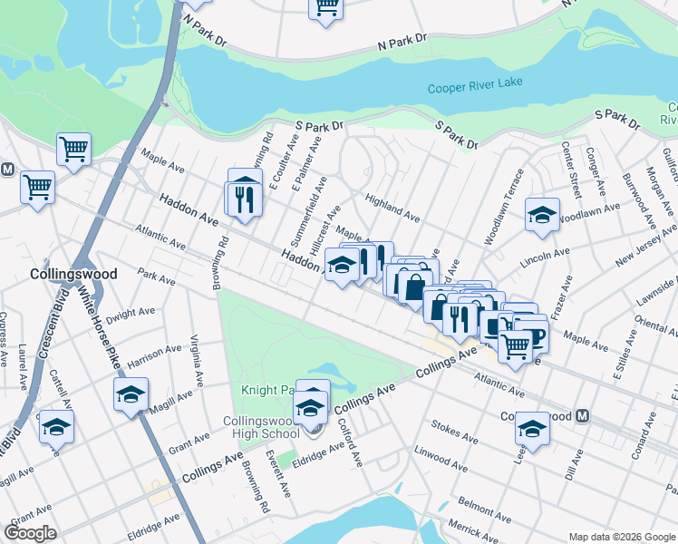 map of restaurants, bars, coffee shops, grocery stores, and more near 17 East Zane Avenue in Collingswood