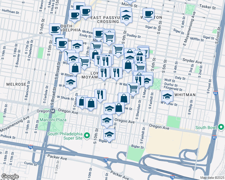 map of restaurants, bars, coffee shops, grocery stores, and more near 2437 South Percy Street in Philadelphia