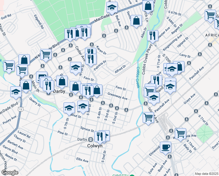 map of restaurants, bars, coffee shops, grocery stores, and more near 313 Berbro Street in Darby