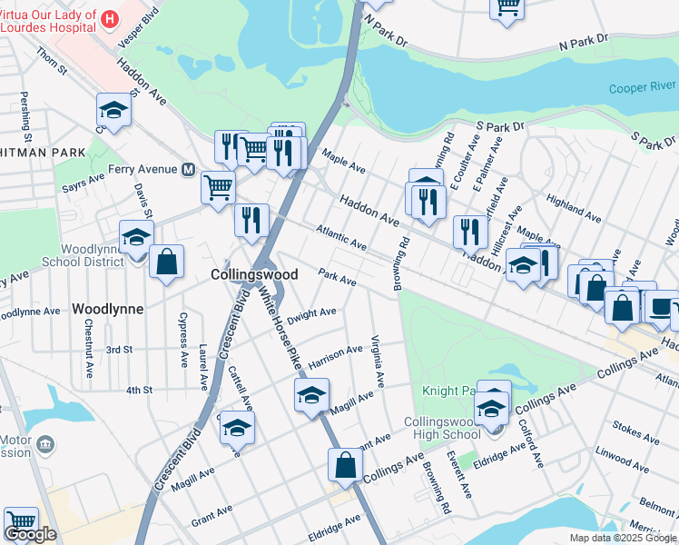 map of restaurants, bars, coffee shops, grocery stores, and more near 101 West Browning Road in Collingswood