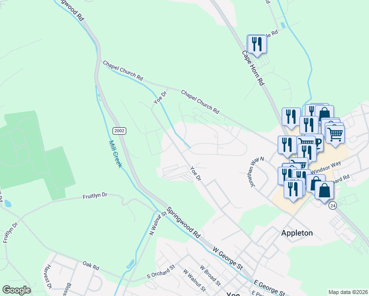 map of restaurants, bars, coffee shops, grocery stores, and more near 236 Stratford Drive in Red Lion