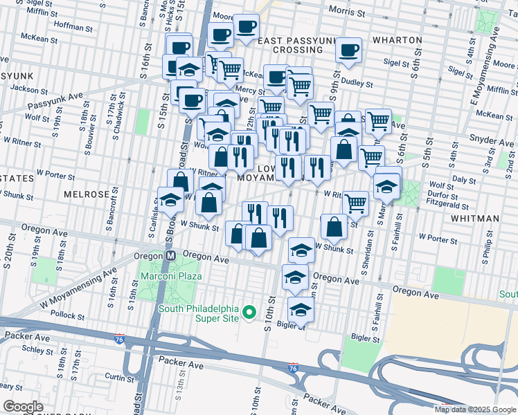 map of restaurants, bars, coffee shops, grocery stores, and more near 1032 West Moyamensing Avenue in Philadelphia