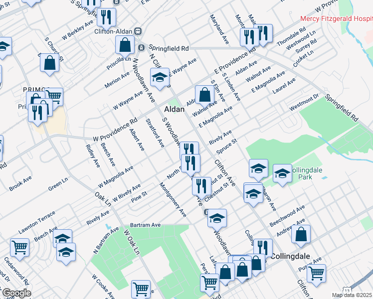 map of restaurants, bars, coffee shops, grocery stores, and more near 123 South Woodlawn Avenue in Aldan