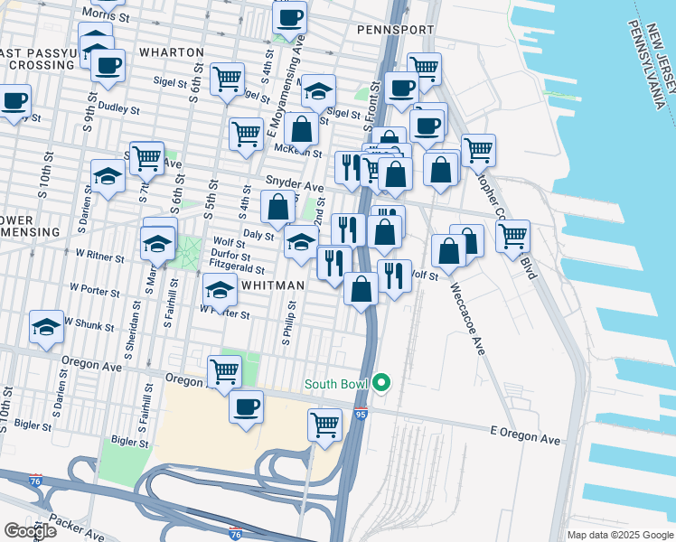 map of restaurants, bars, coffee shops, grocery stores, and more near 105 Durfor Street in Philadelphia