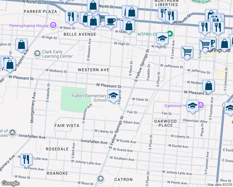 map of restaurants, bars, coffee shops, grocery stores, and more near 727 West Pleasant Street in Springfield