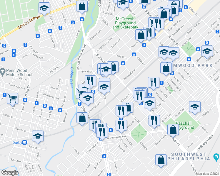 map of restaurants, bars, coffee shops, grocery stores, and more near 2237 South 71st Street in Philadelphia