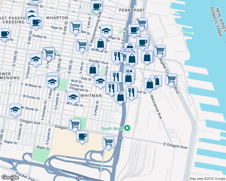 map of restaurants, bars, coffee shops, grocery stores, and more near 105 Durfor Street in Philadelphia