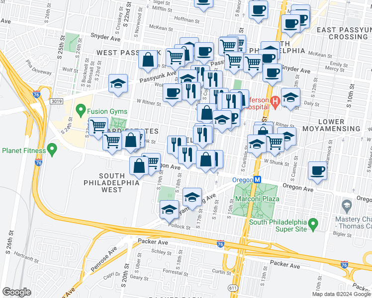 map of restaurants, bars, coffee shops, grocery stores, and more near 2601 South 18th Street in Philadelphia