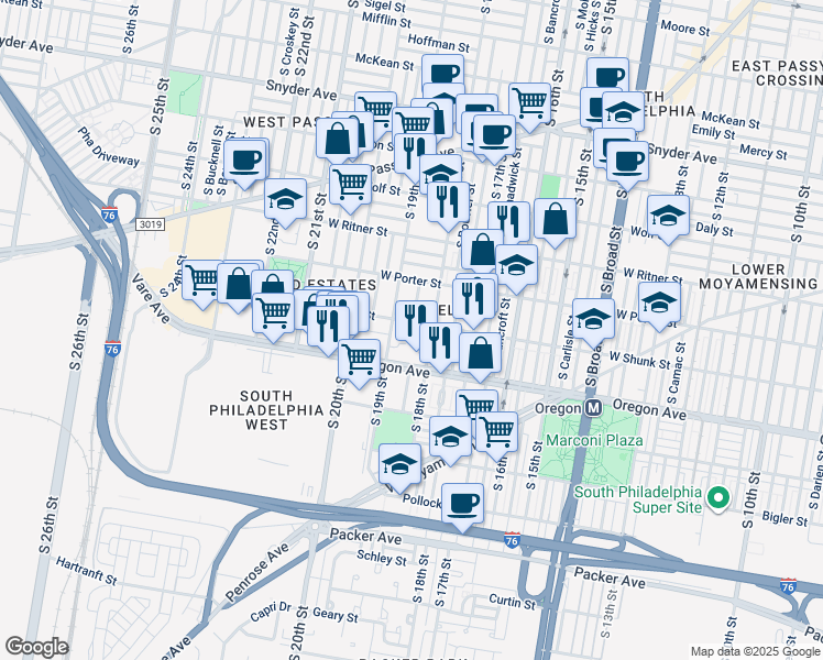map of restaurants, bars, coffee shops, grocery stores, and more near 1816 West Shunk Street in Philadelphia