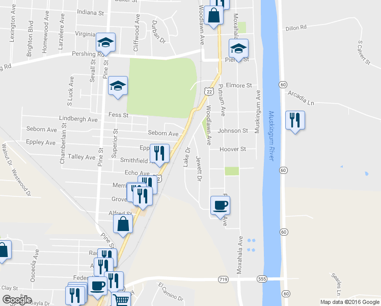map of restaurants, bars, coffee shops, grocery stores, and more near 1246 Lake Drive in Zanesville
