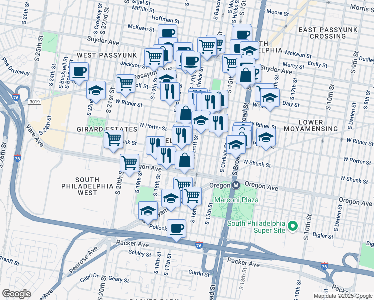 map of restaurants, bars, coffee shops, grocery stores, and more near 2519 South 17th Street in Philadelphia
