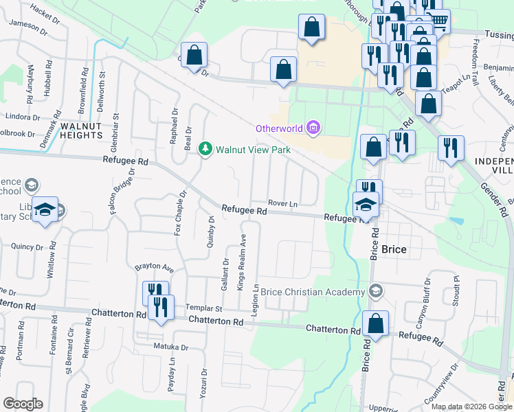 map of restaurants, bars, coffee shops, grocery stores, and more near 5921 Rover Lane in Columbus