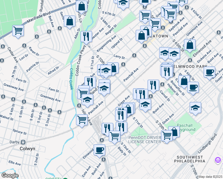 map of restaurants, bars, coffee shops, grocery stores, and more near 7057 Paschall Avenue in Philadelphia