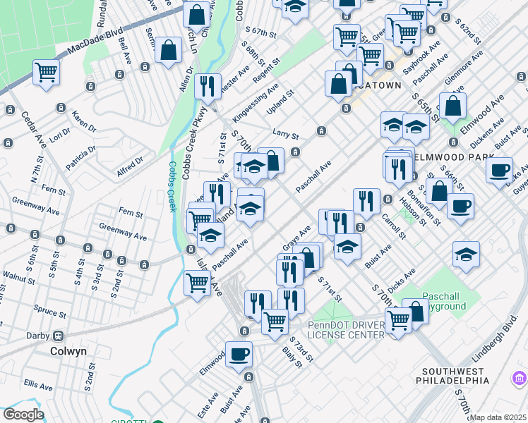 map of restaurants, bars, coffee shops, grocery stores, and more near 2237 South 71st Street in Philadelphia
