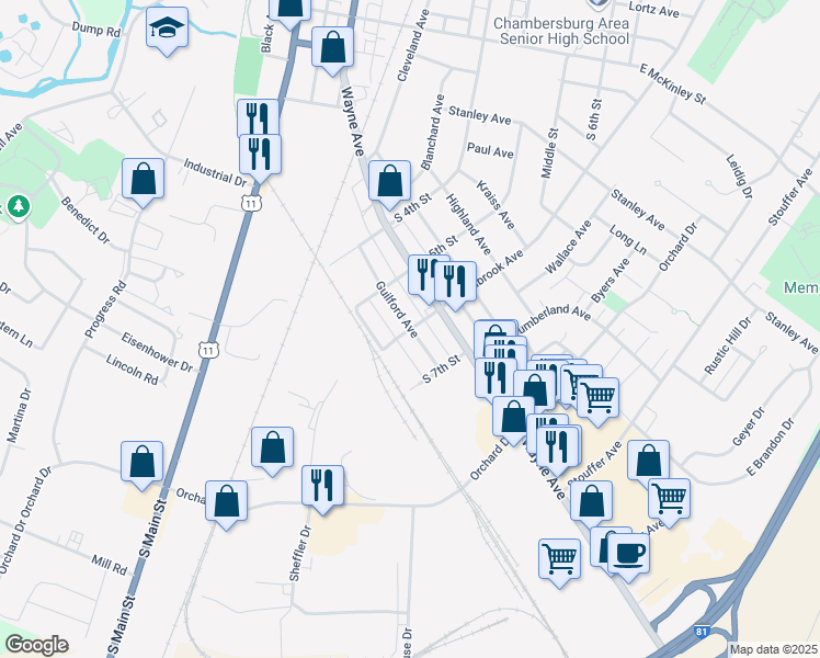 map of restaurants, bars, coffee shops, grocery stores, and more near 598 Guilford Avenue in Chambersburg