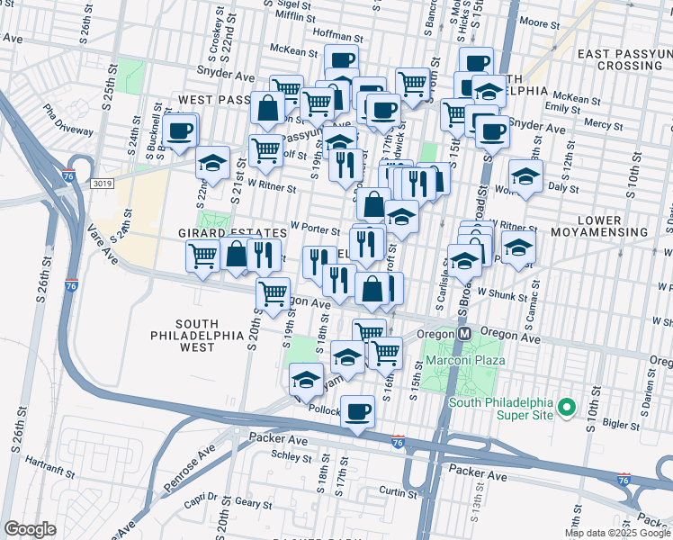map of restaurants, bars, coffee shops, grocery stores, and more near 2601 South 18th Street in Philadelphia