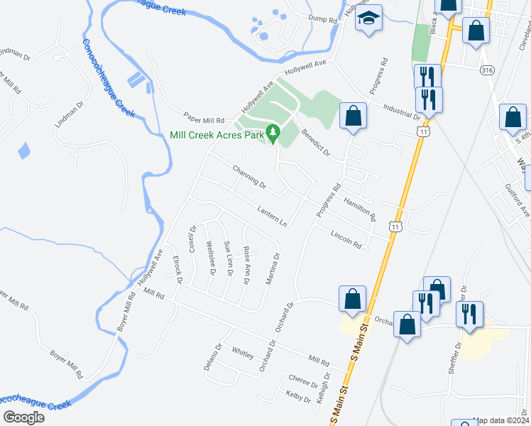 map of restaurants, bars, coffee shops, grocery stores, and more near 356 Lantern Lane in Chambersburg