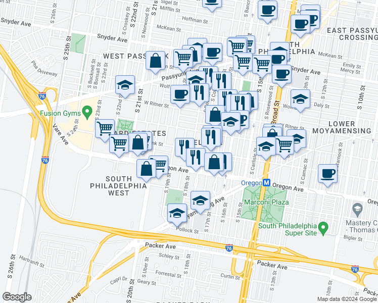 map of restaurants, bars, coffee shops, grocery stores, and more near 1816 West Shunk Street in Philadelphia