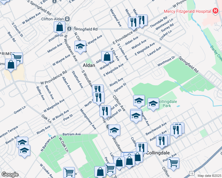map of restaurants, bars, coffee shops, grocery stores, and more near 1111 Clifton Avenue in Collingdale
