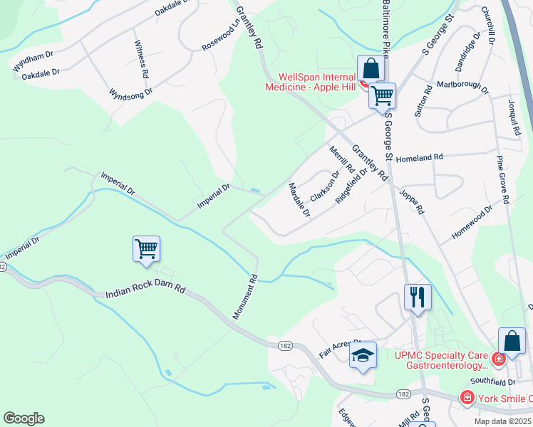 map of restaurants, bars, coffee shops, grocery stores, and more near 205 Ridgefield Drive in York