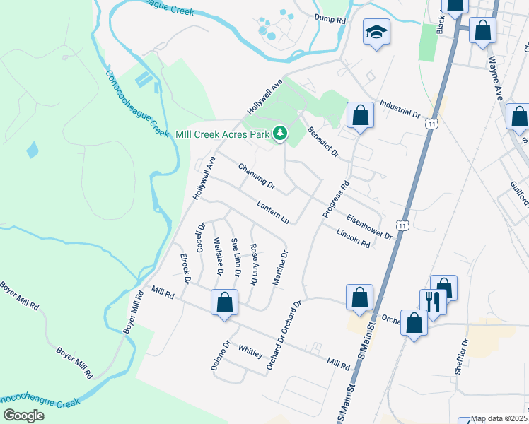 map of restaurants, bars, coffee shops, grocery stores, and more near 368 Lantern Lane in Chambersburg
