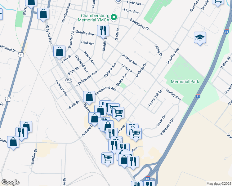 map of restaurants, bars, coffee shops, grocery stores, and more near 780 Cumberland Avenue in Chambersburg