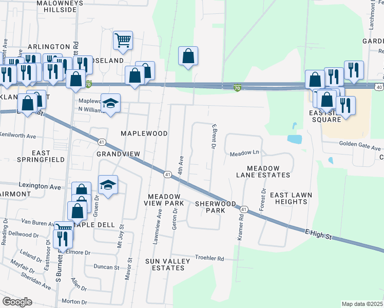 map of restaurants, bars, coffee shops, grocery stores, and more near 201 East Brent Drive in Springfield