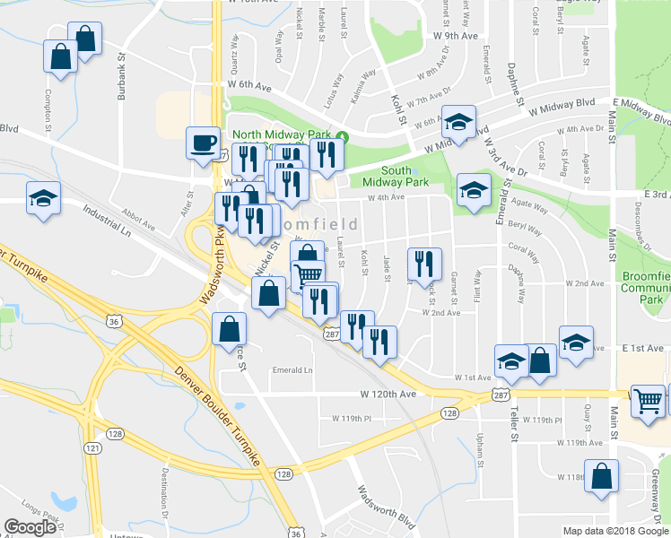 map of restaurants, bars, coffee shops, grocery stores, and more near 290 Marble Street in Broomfield