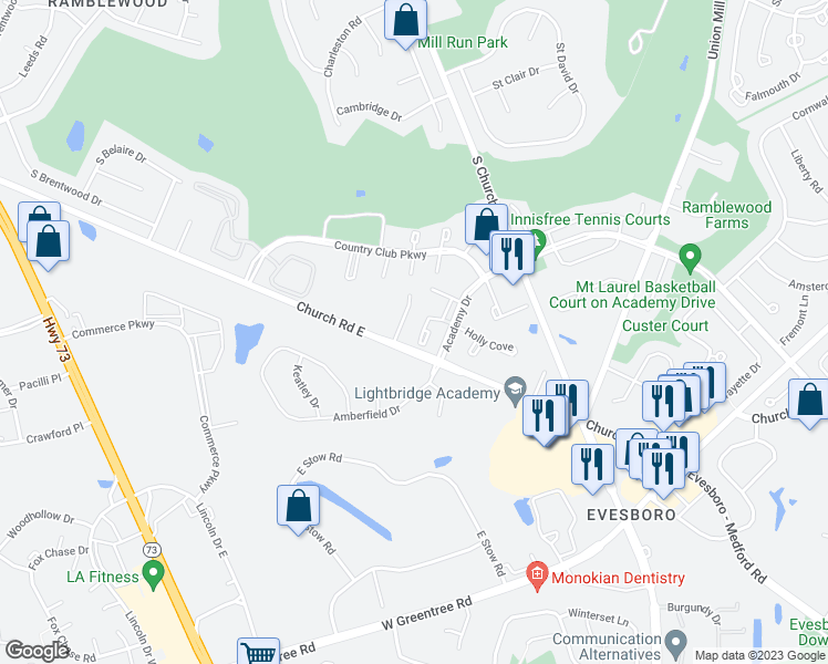 map of restaurants, bars, coffee shops, grocery stores, and more near 5 Arianas Court in Mount Laurel Township