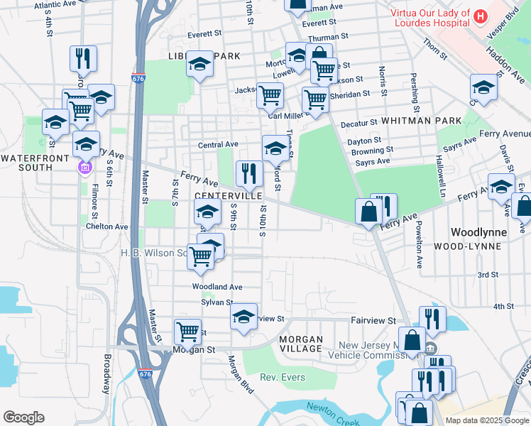 map of restaurants, bars, coffee shops, grocery stores, and more near 1029-1031 Ferry Avenue in Camden