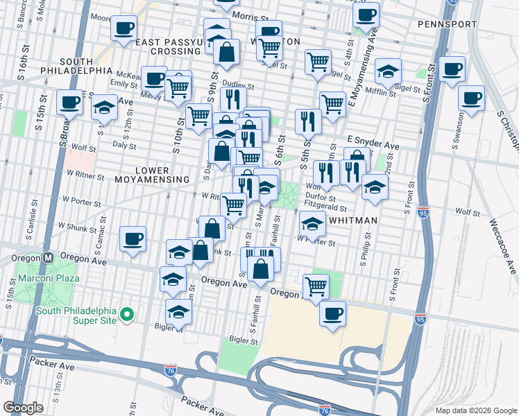 map of restaurants, bars, coffee shops, grocery stores, and more near 2400 South 6th Street in Philadelphia